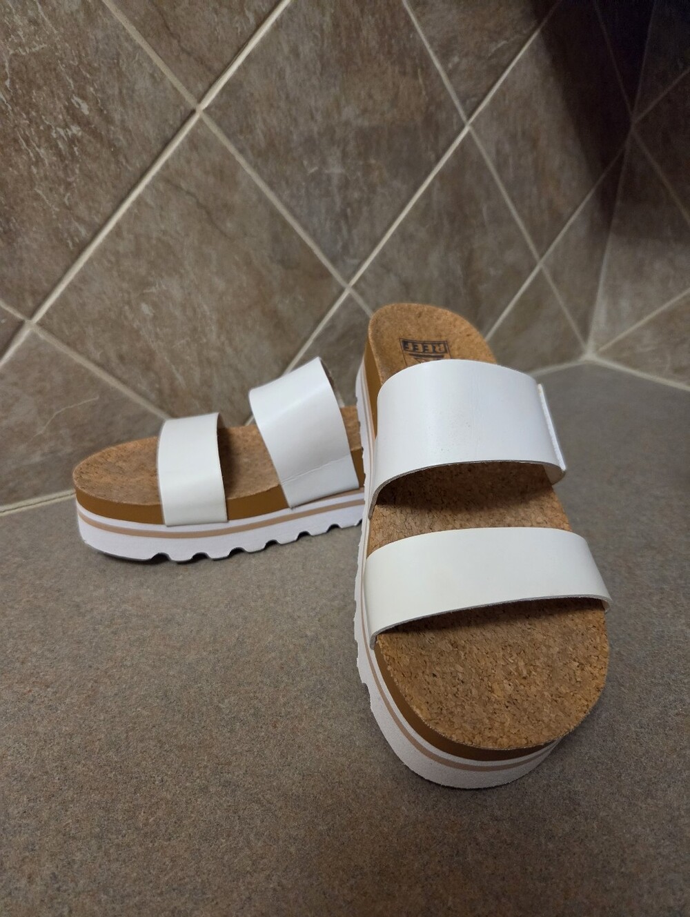Reef White Double-Strap Cork Footbed Slides Size 8
